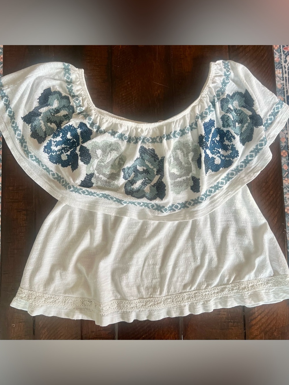 Free People Embroidered Peasant Top M Ivory Blue Floral Boho Cotton